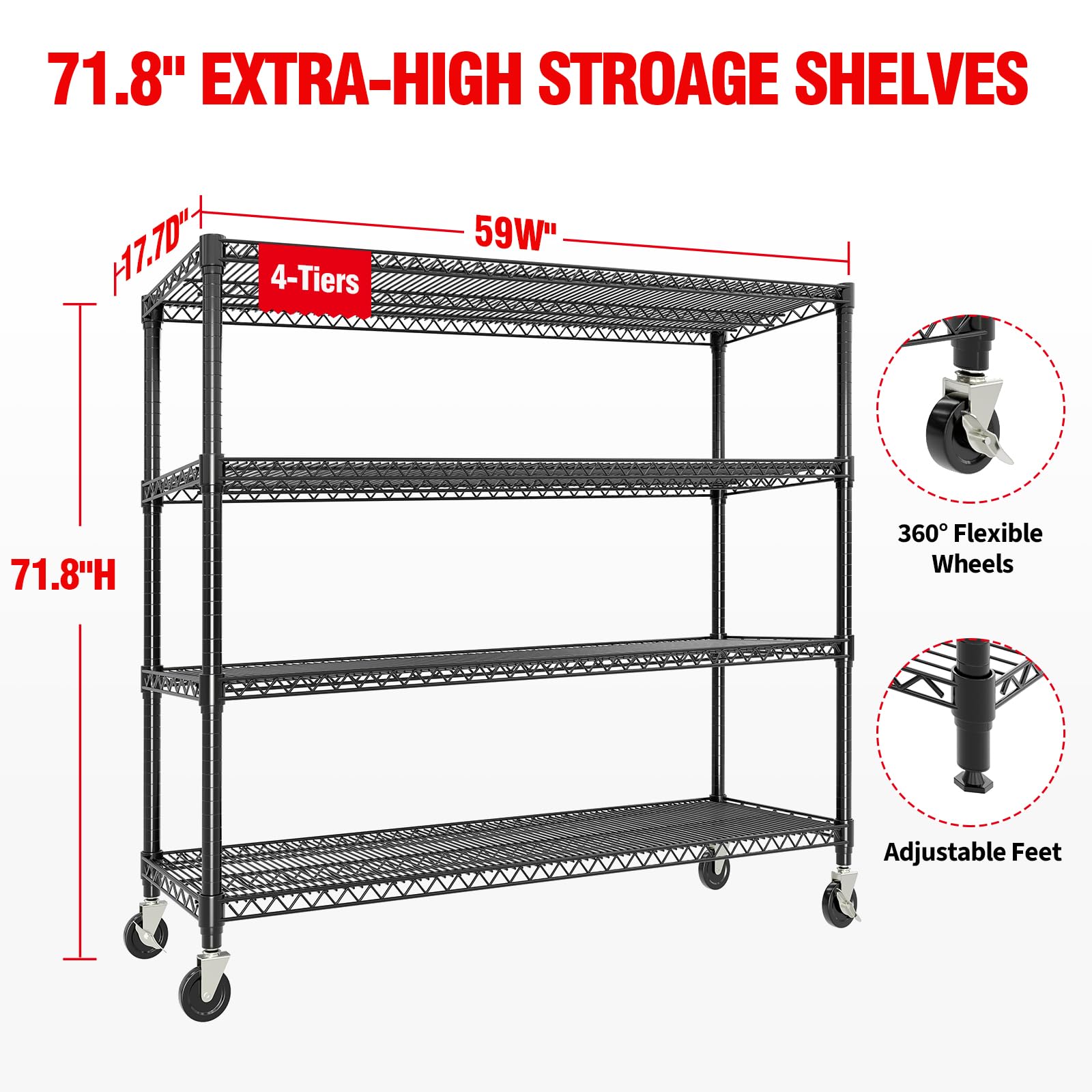 59"W Storage Shelves 2640LBS Heavy Duty Garage Shelving Units with Wheels, 4-Tiers Wire Shelving