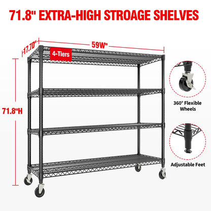 59"W Storage Shelves 2640LBS Heavy Duty Garage Shelving Units with Wheels, 4-Tiers Wire Shelving