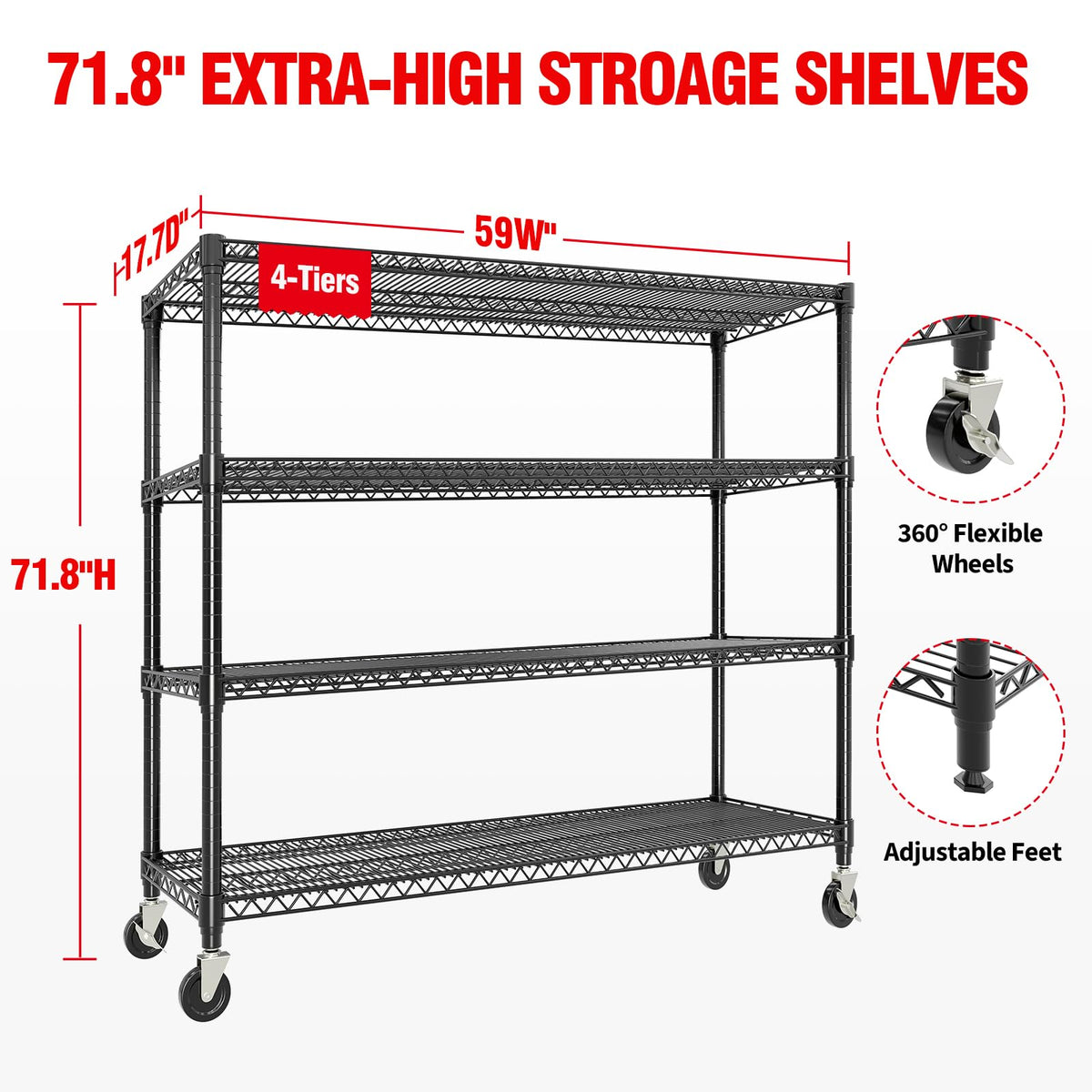 PeacefulHues 71.8" H Storage Shelves 4-Tiers Heavy Duty Metal Shelving Unit with Wheels, 2640LBS