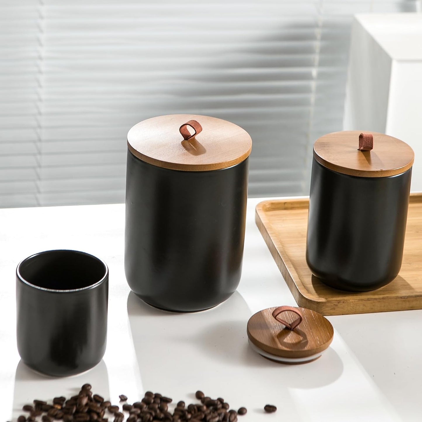 Black Ceramic Canister Set with Wooden Lid, 3-Piece Food Storage Jars for Kitchen Counter, Storage