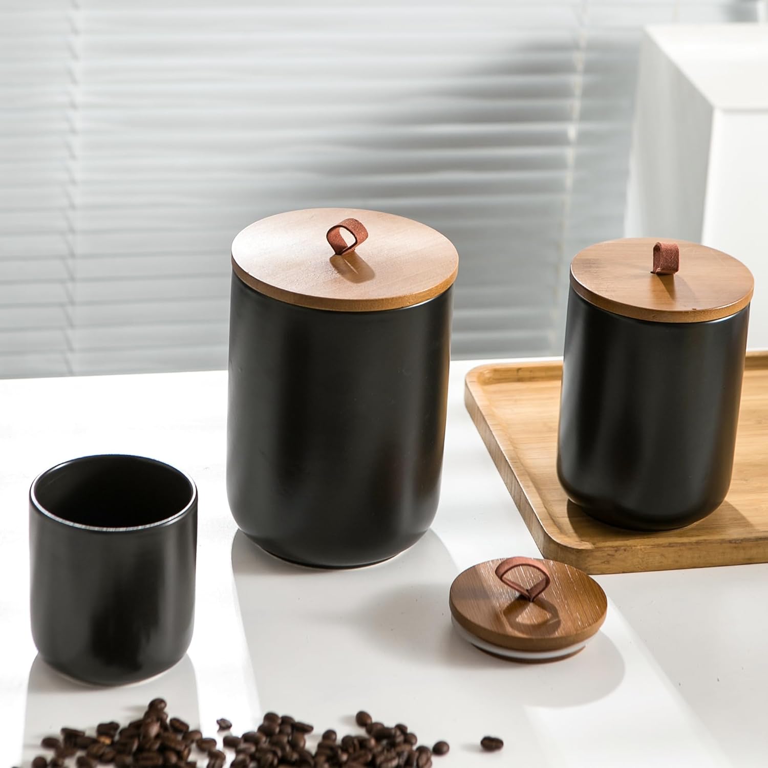 Black Ceramic Canister Set with Wooden Lid, 3-Piece Food Storage Jars for Kitchen Counter, Storage