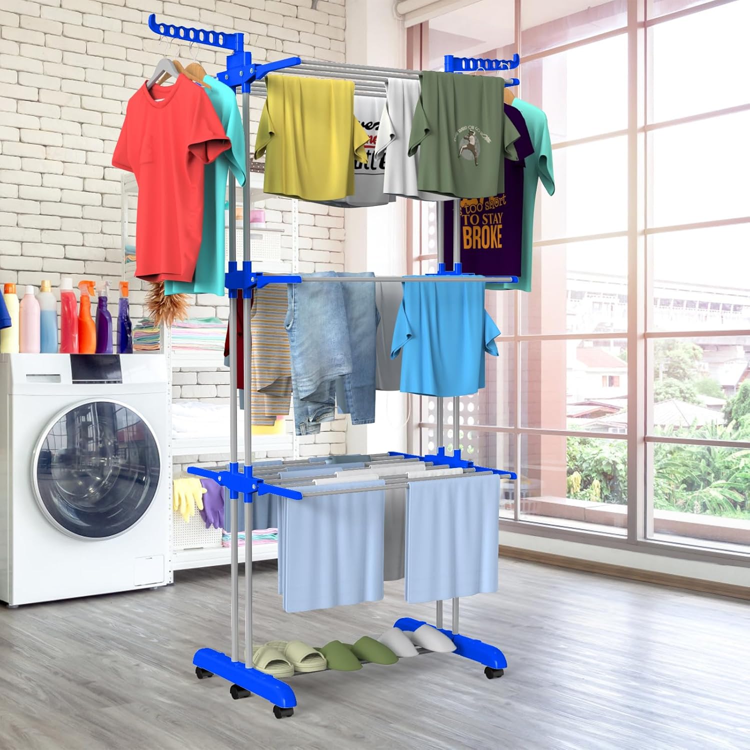 Bigzzia Clothes Drying Rack, 67.7 Inch Laundry Drying Rack with Foldable Base, 4 Tier Stainless