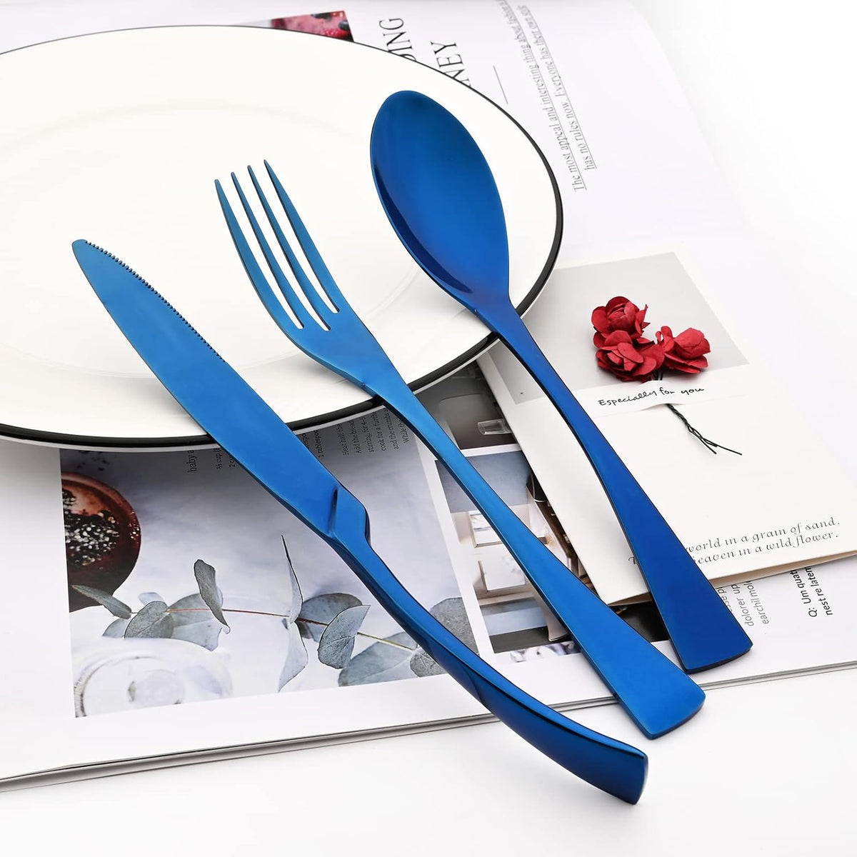 24-Piece Blue Flatware, Mirror 18/10 Stainless Steel Modern & Luxury Dinnerware Set With Serrated