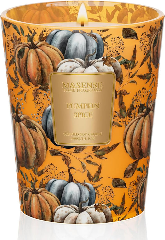 M&SENSE Pumpkin Spice Scented Candle, Soy Candles 14.1oz 60H Burn Time Slow Burning, Fall Scent