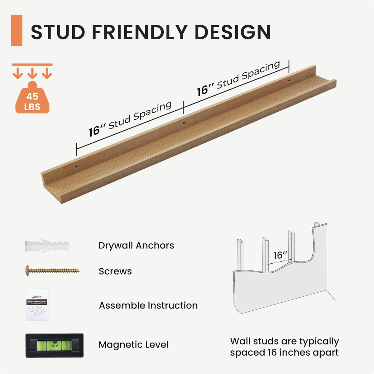 Solid Ash Wood Picture Ledge Shelf, Wood Floating Shelves Set of 2, 48 Inch Long Large Photo Ledge