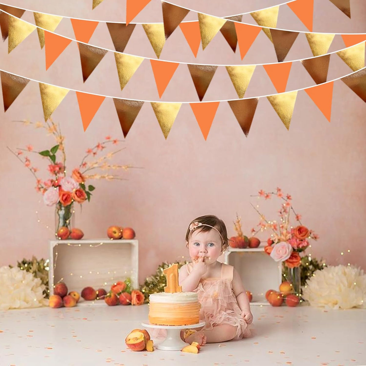 Fall Party Decorations Orange Gold Brown Metallic Fabric Triangle Pennant Banner Flag Bunting