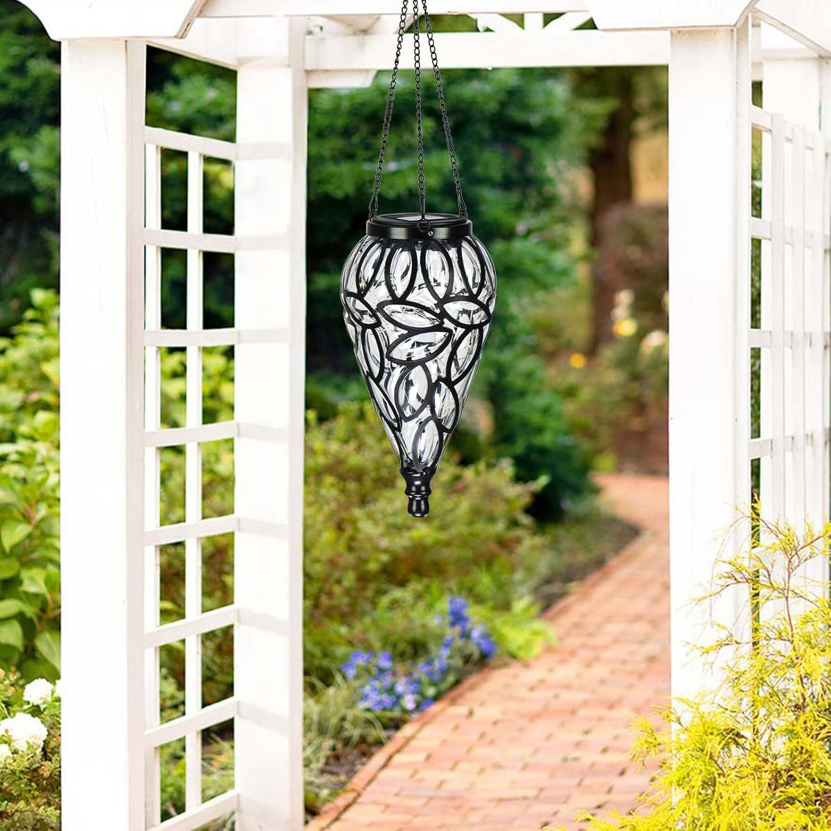 SUNNYPARK Outdoor Plastic Solar Hanging Lantern, 15 Cool White LEDs Twinkle Effect Tear-Shaped