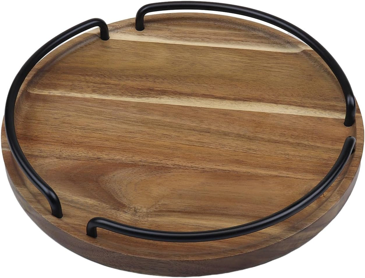 Round Wooden Serving Tray - Rustic Style Decorative Tray for Coffee Table, Living Room, Vanity