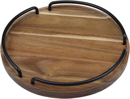 Round Wooden Serving Tray - Rustic Style Decorative Tray for Coffee Table, Living Room, Vanity