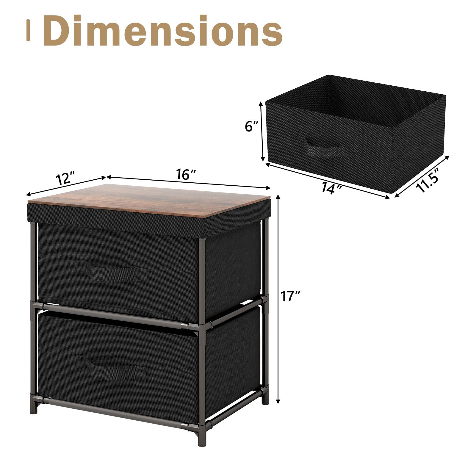 GIANTEX Nightstand with 2 Fabric Drawers, Small Storage Dresser with Metal Frame and Wood Top for