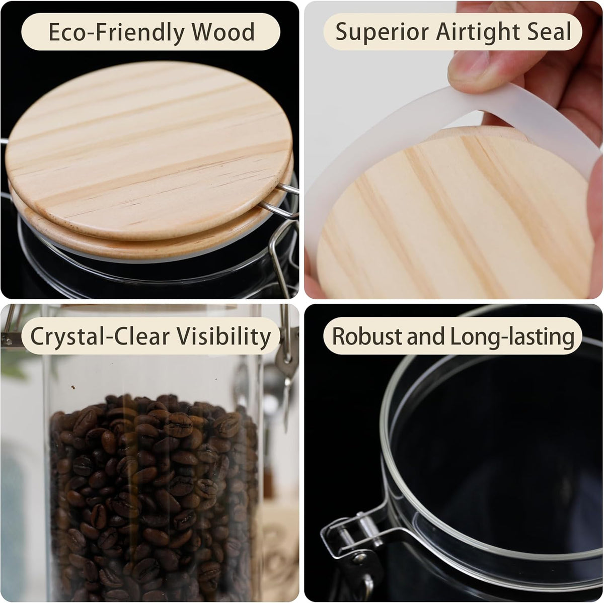 Glass Coffee Canister Set with Shelf & Spoons 3 Piece Coffee Containers for Ground Coffee Coffee
