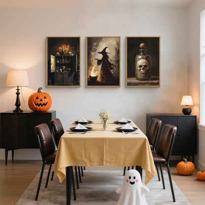 HPNIUB Halloween Witch Framed Canvas Wall Art Set, Terrifying Skeleton Poster Artwork, Vintage
