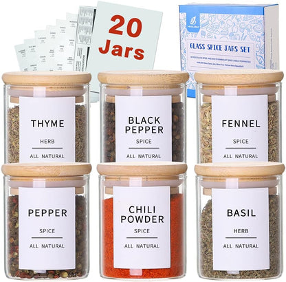 Glass Spice Jars with Bamboo Lids - 20 Pcs Thicken(2.4mm) 6oz Airtight Seasoning Containers with