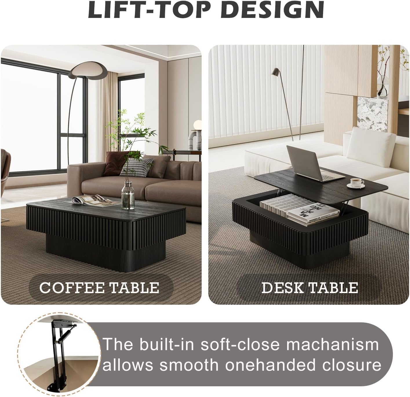 Lift Top Coffee Table with Storage, Solid Wood Coffee Table with Adjustable Height, Fluted Center