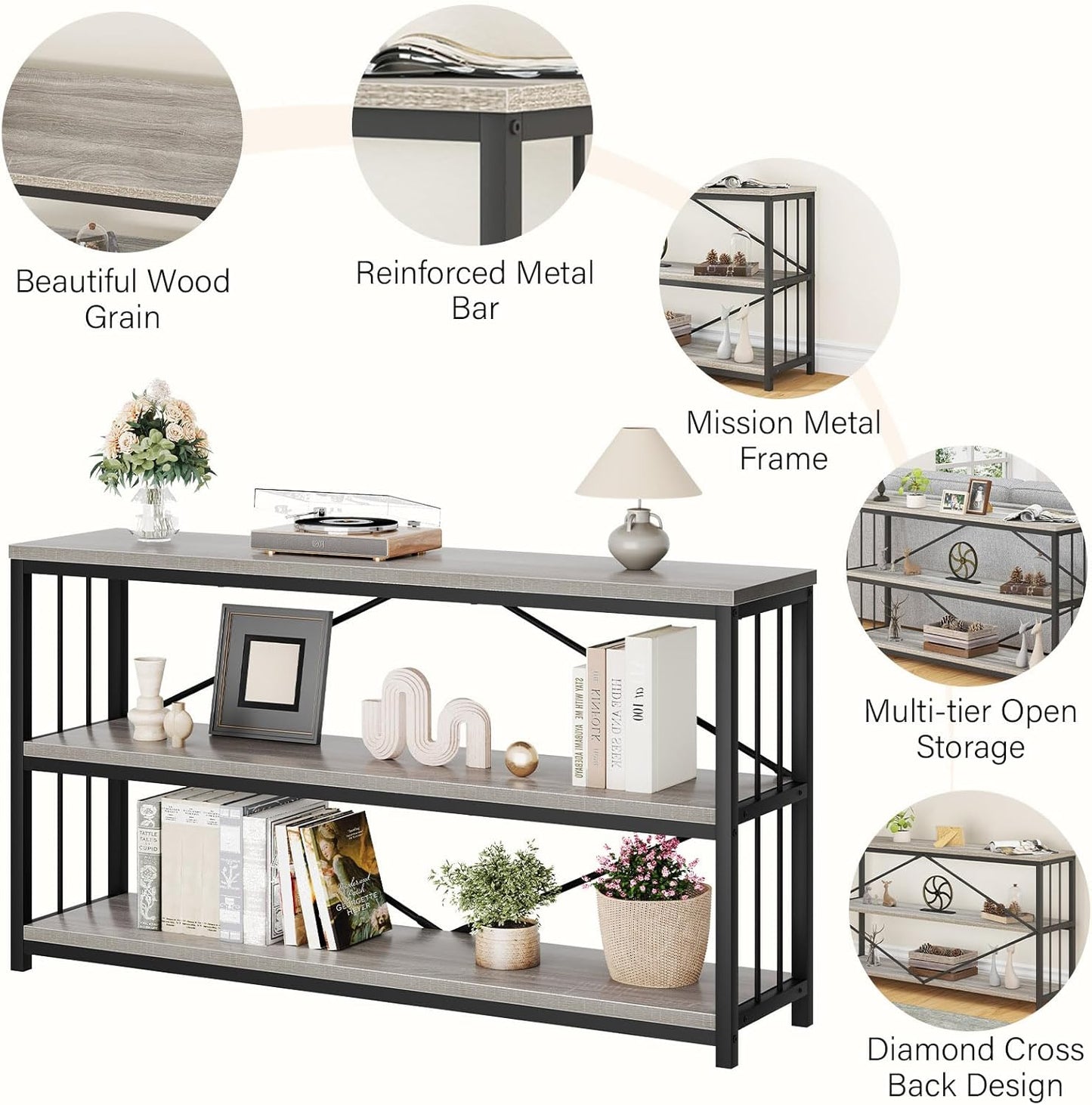 LVB Farmhouse Industrial Console Table, Wood Metal Foyer Entryway Sofa Tables with Storage, 3 Tier