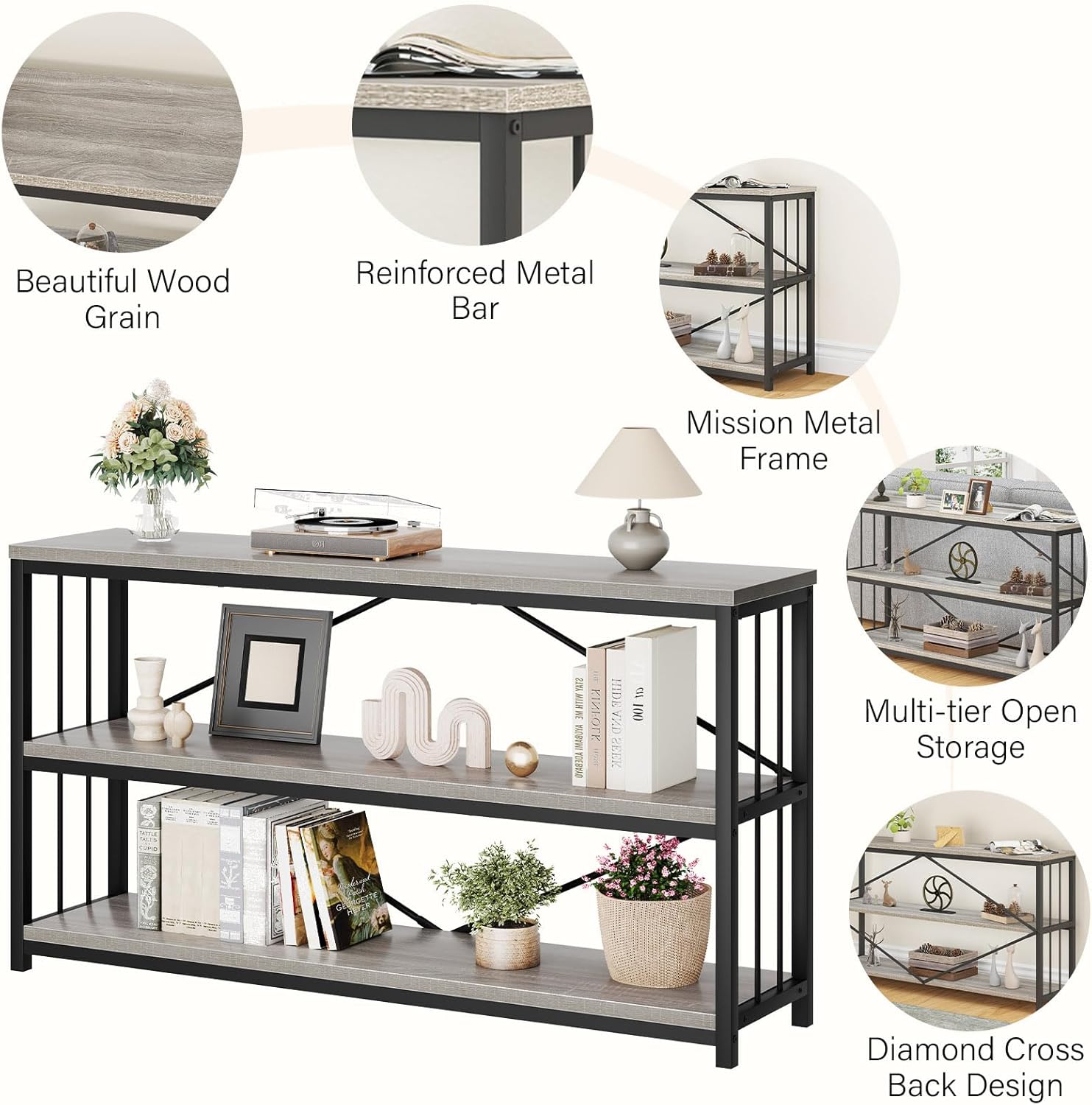 LVB Farmhouse Industrial Console Table, Wood Metal Foyer Entryway Sofa Tables with Storage, 3 Tier