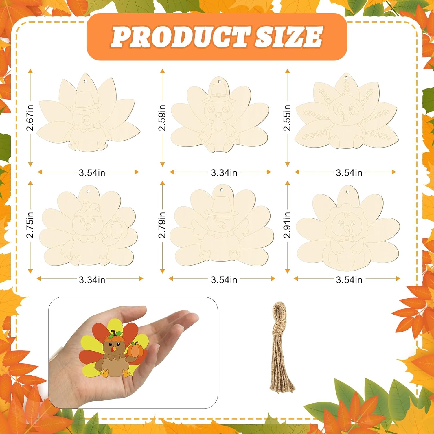 24 PCS Unfinished Wooden Thanksgiving Crafts, Turkey Shaped Hanging Ornaments DIY Wood Craft