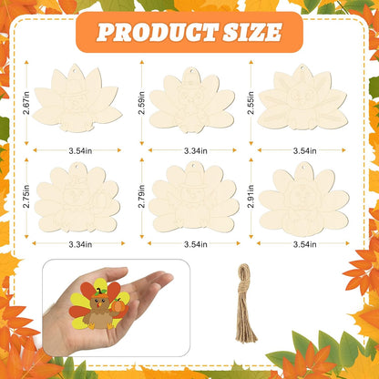 24 PCS Unfinished Wooden Thanksgiving Crafts, Turkey Shaped Hanging Ornaments DIY Wood Craft