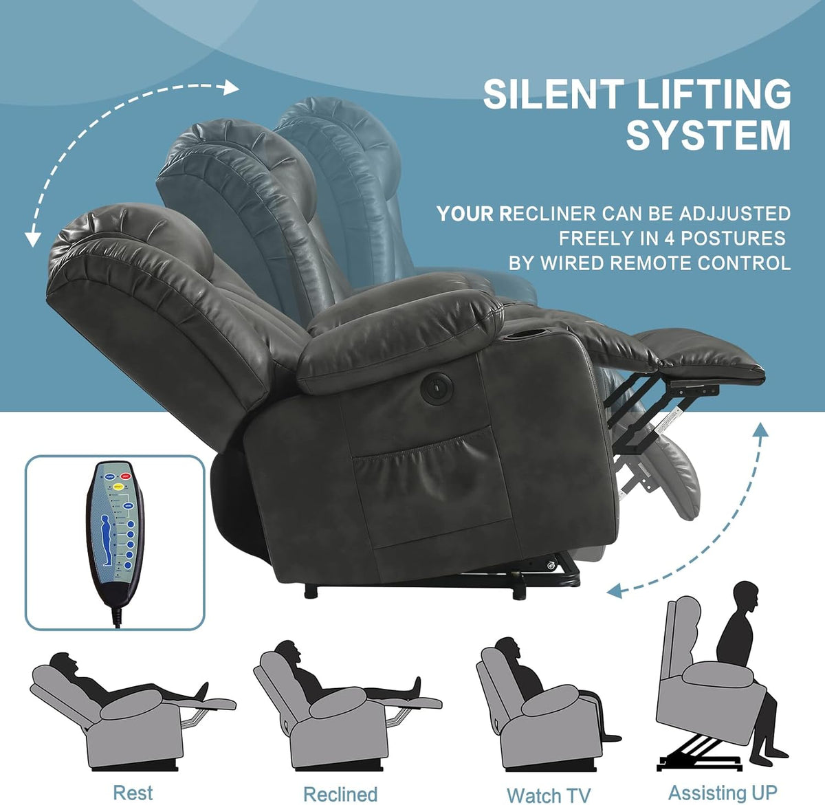 PARKOL Power Lift Recliner Chair for Elderly Breathable Leather Recliner Chair with Massage and