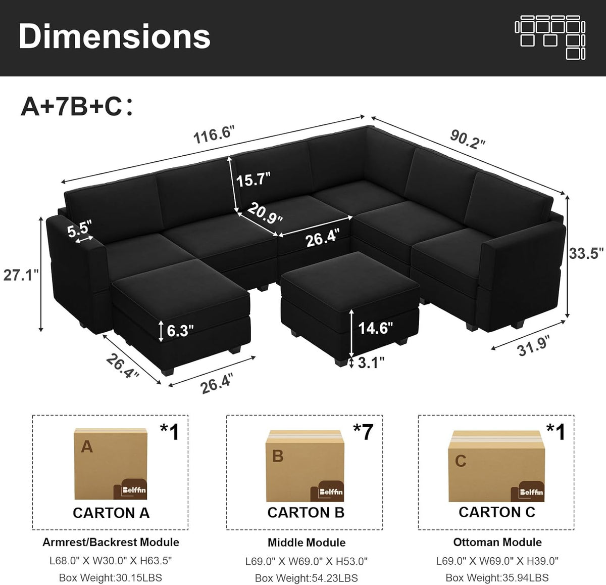 Belffin Modular Sectional Sofa with Storage Seat Oversized U Shaped Couch with Reversible Chaise