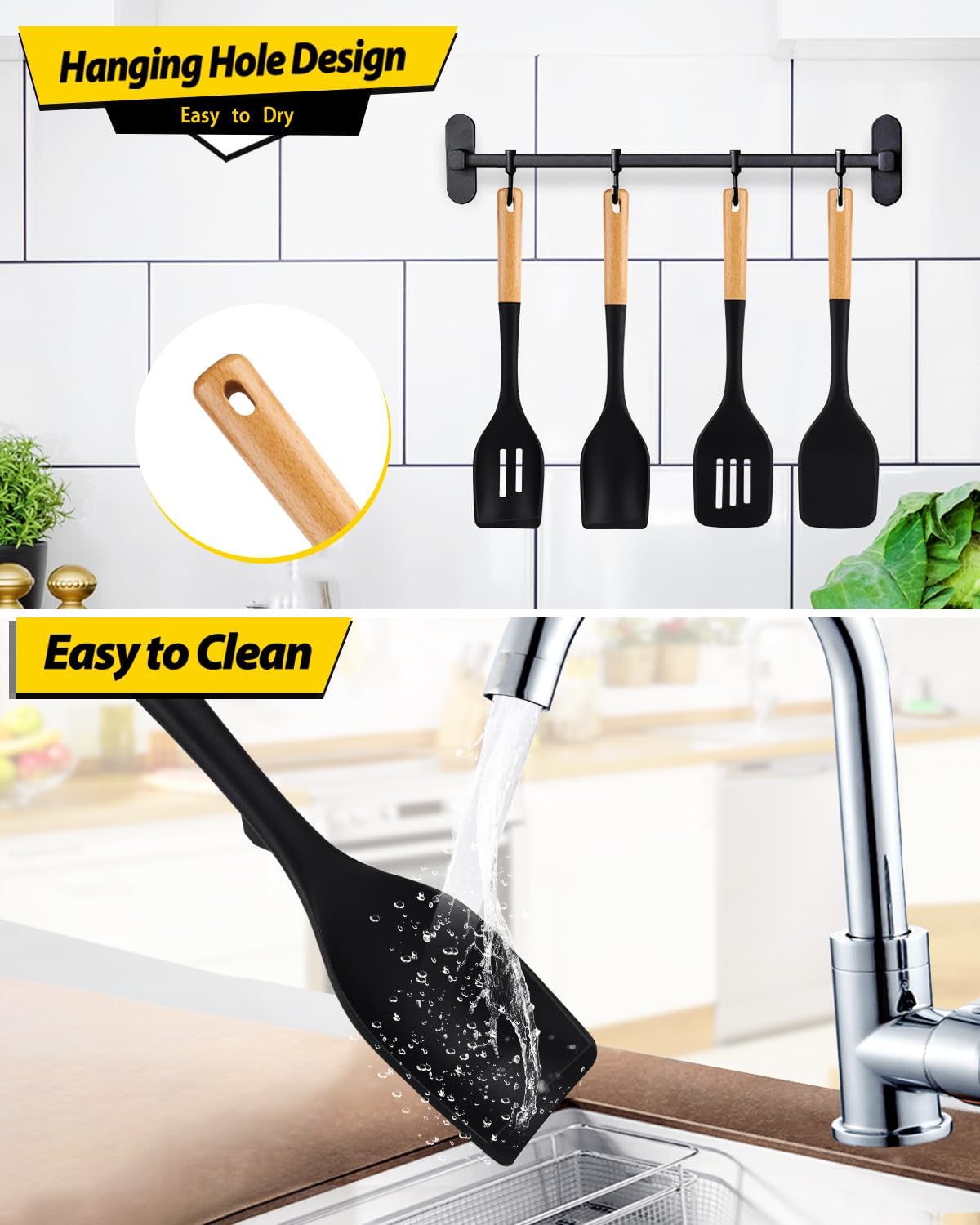 Pack of 4 Silicone Kitchen Utensils Set, Non Stick Solid Spatulas and Heat Resistant Slotted Spoons