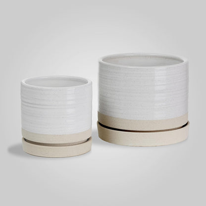 6 + 8 Inch Plant Pots, Ceramic Planter Pot with Drainage Hole & Saucer, Indoor/Outdoor Cylinder