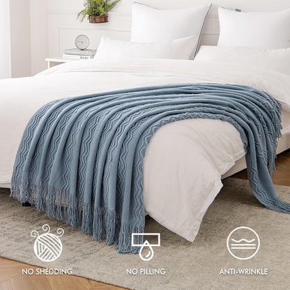 MIULEE Dusty Blue Cozy Knitted Throw Blanket for Couch Textured Knit Blanket with Tassels Woven