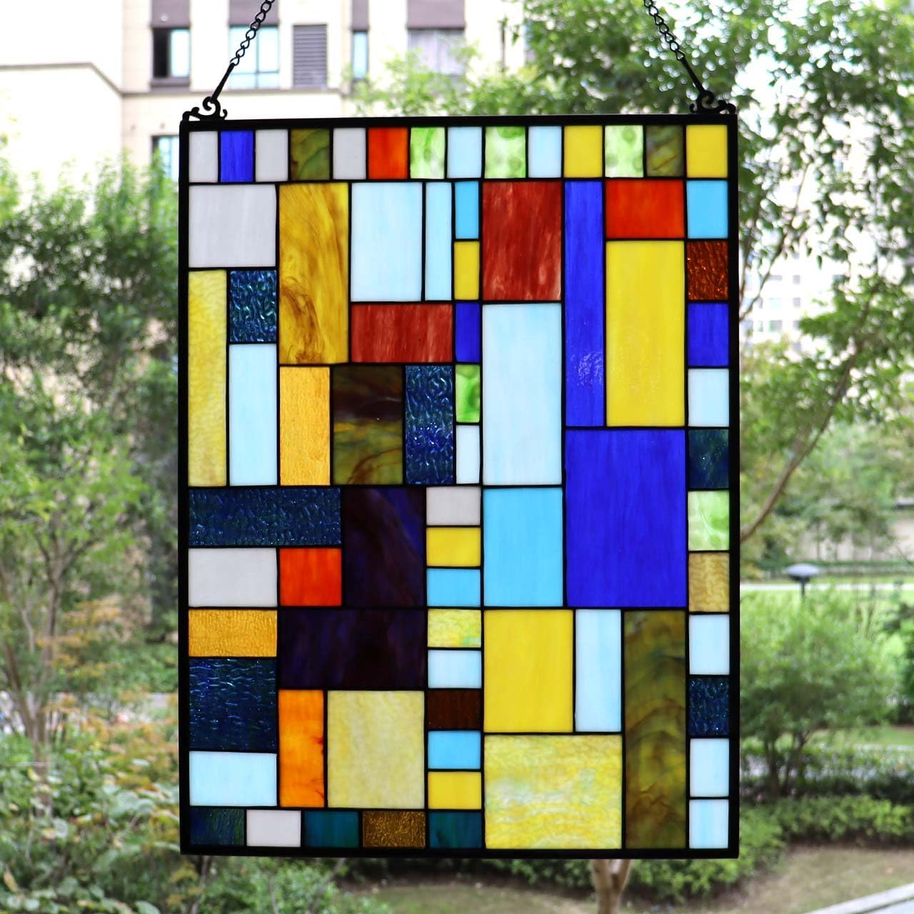Bieye Geometric Color Block Tiffany Style Stained Glass Window Panel with Hanging Chain (18x25