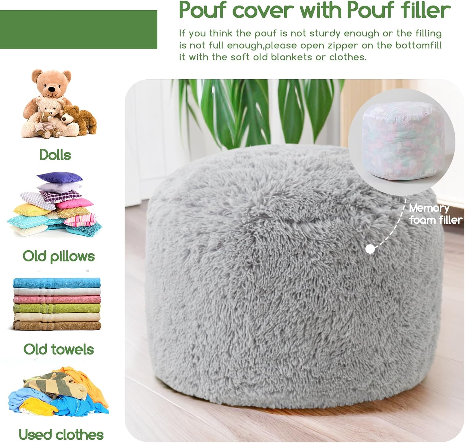 HIGOGOGO Round Stuffed Pouf Ottoman, Long Faux Fur Poufs with Foam Chunk Filling, Fluffy and Furry