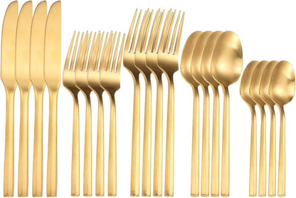 Matte Silverware Set Gold Flatware Set with Hexagon Handle 20 Pieces 18/0 Stainless Steel Cutlery
