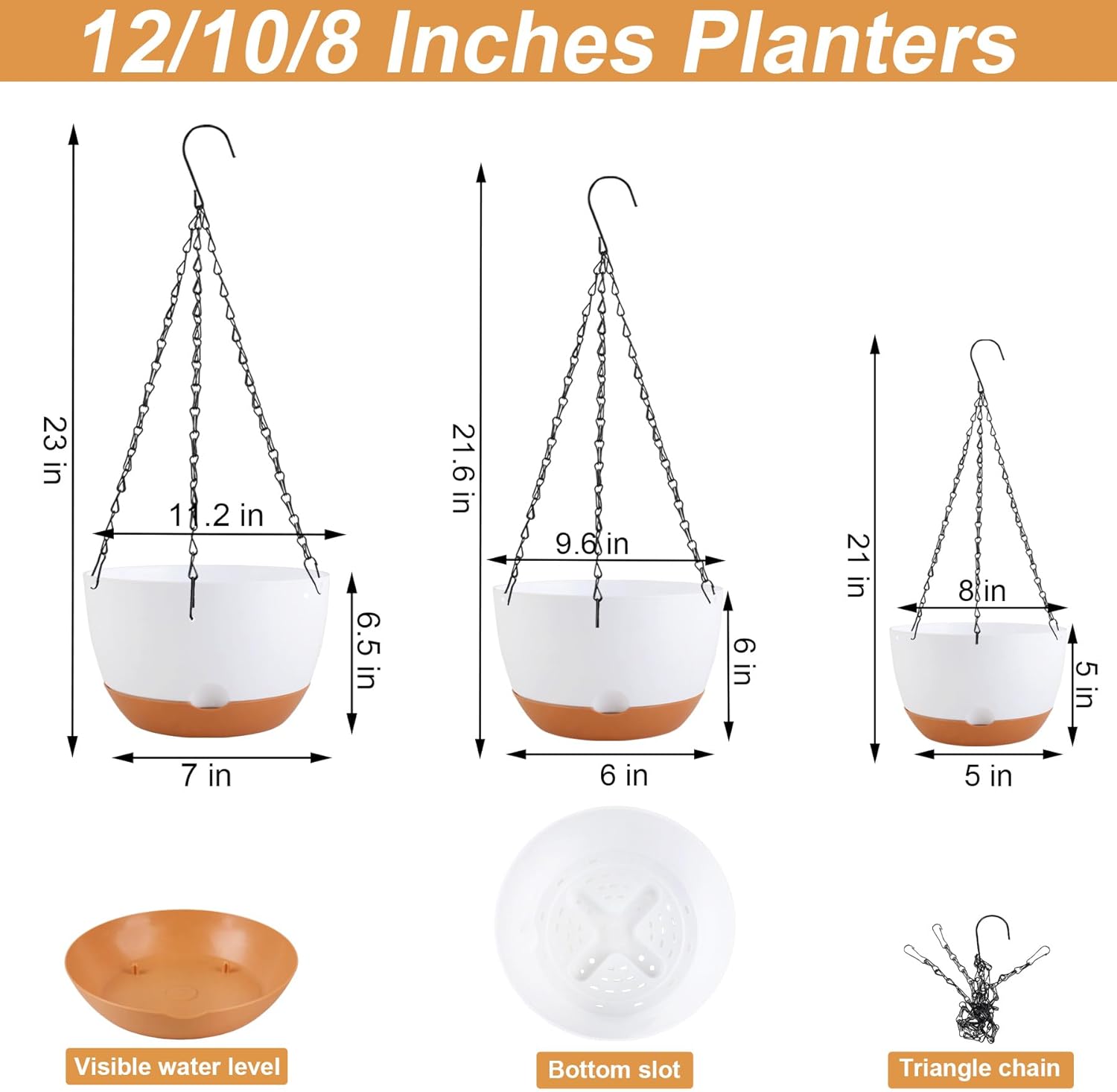 8/10/12 inch Hanging Planters for Indoor Outdoor Plants with Self-Watering Pots, 3 Pack Plastic