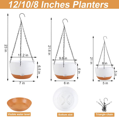 8/10/12 inch Hanging Planters for Indoor Outdoor Plants with Self-Watering Pots, 3 Pack Plastic