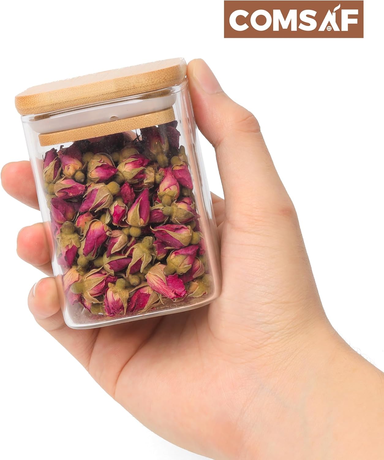 ComSaf 16Pcs Glass Spice Jars with Bamboo Lid, 6oz Airtight Square Containers with 275 Black
