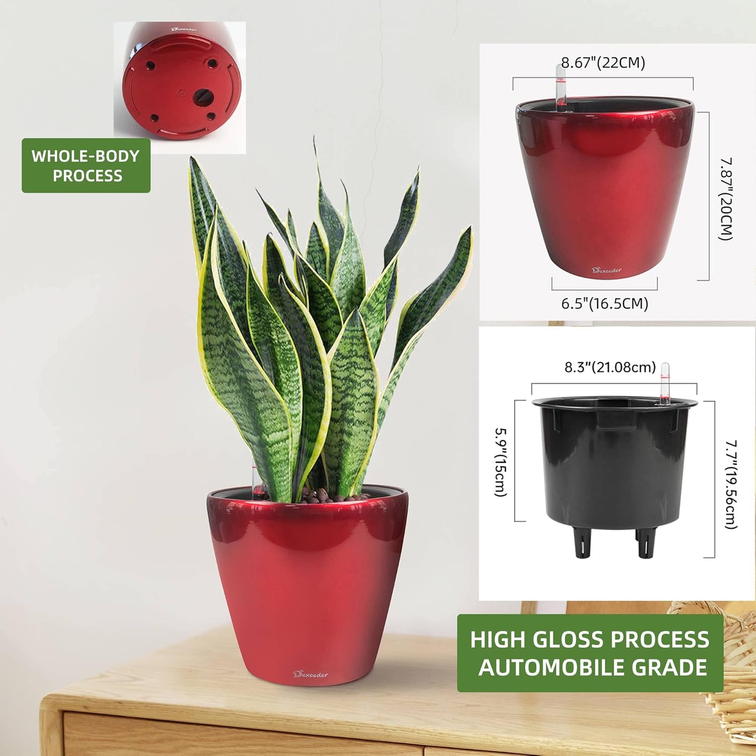Dexceder 9x8 Inches High Gloss Self Watering Planter Indoor Outdoor, Inner Pot Design, Thickened