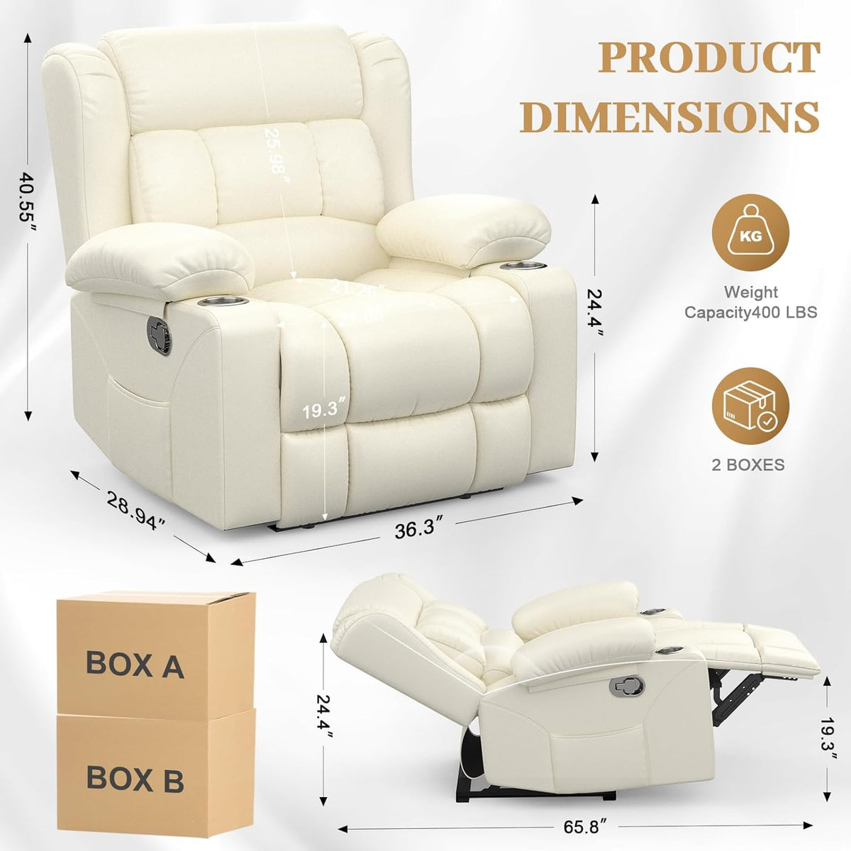 Recliner Chair for Adults, Oversized PU Leather Manual Pull Tab Reclining Chair with Cup Holders