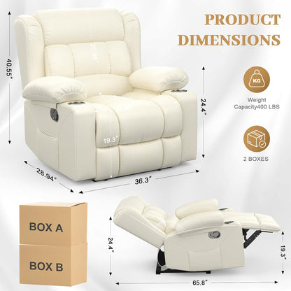 Recliner Chair for Adults, Oversized PU Leather Manual Pull Tab Reclining Chair with Cup Holders