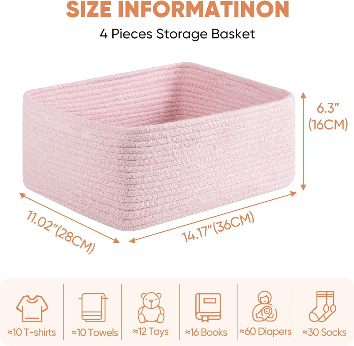 OIAHOMY 4 Pack 14.17*11.02*6.3IN Storage Baskets for Organizing Shelves, Woven Rope Baskets for