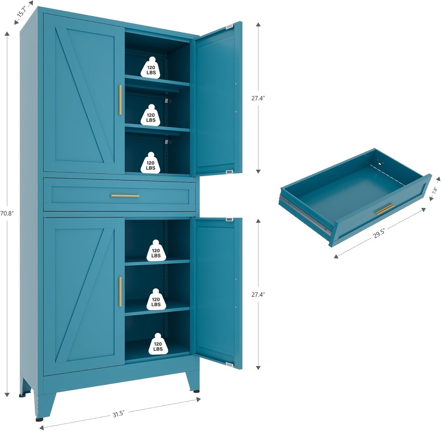 71 "Farmhouse Metal Filing Cabinet with a Drawer and 4 Adjustable Shelves, with 4 Large barn Door