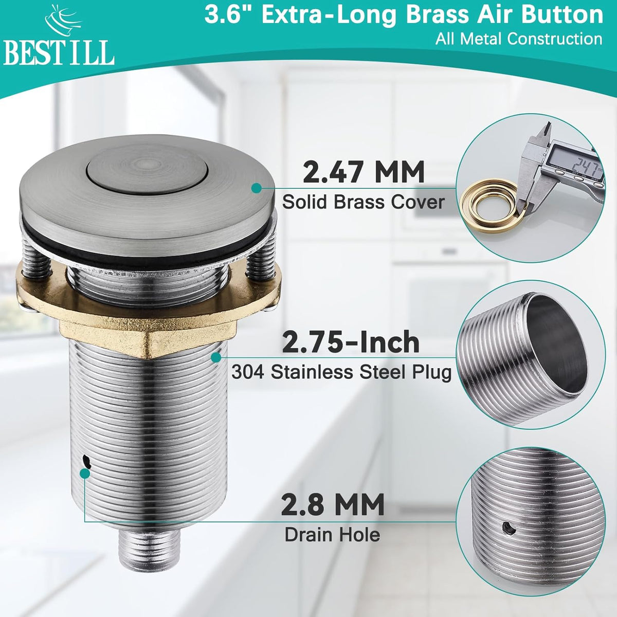 BESTILL Garbage Disposal Air Switch Kit - UL Listed, Brass 3.6" Long Push Button for Waste