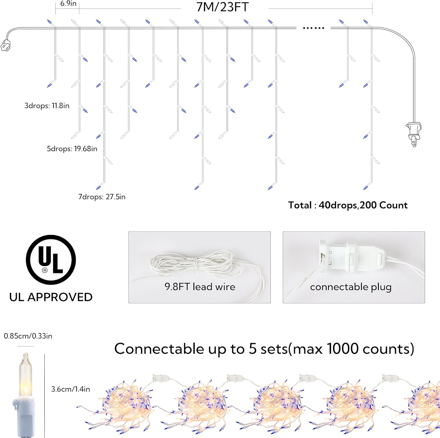 200ct Blue&Clear Mini Icicle Christmas Lights, 23FT White Wire Incandescent Bulb String Lights