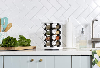 Orii Spice Rack 16 Jar Set White Filled with Spices - Rotating Standing Rack Shelf Holder &