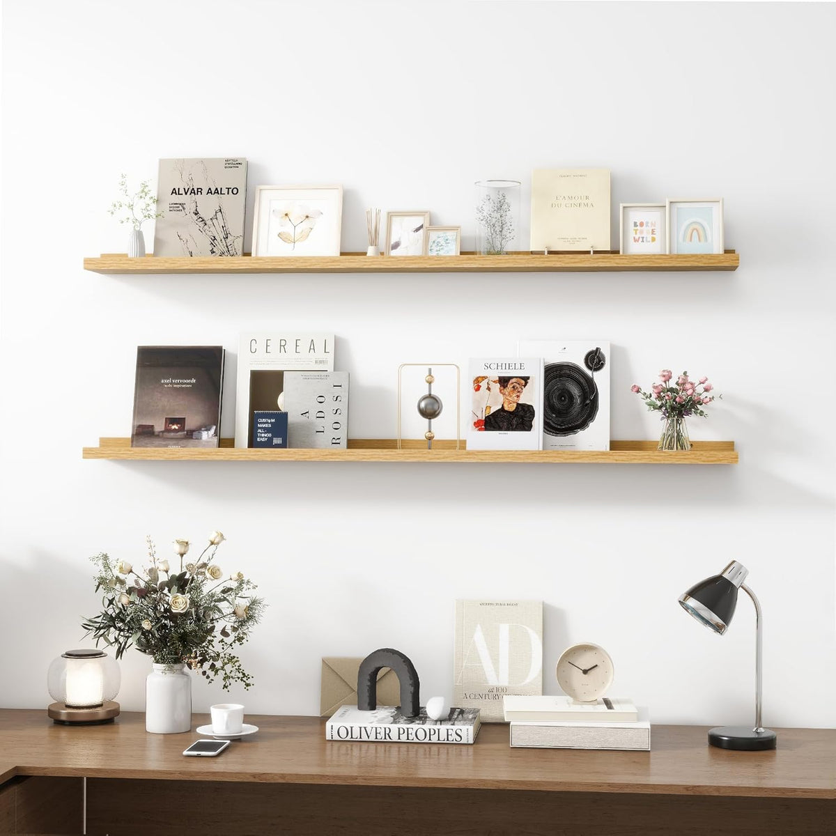Picture Ledge Shelf, Wood Long Floating Shelves for Wall, Set of 2, 56 inch Picture Ledge Shelves