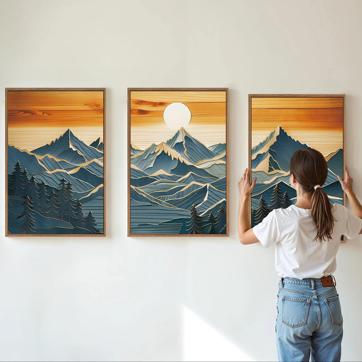 Tinonedraw Metal Mountain Framed Canvas Wall Art, Boho Mountains Artworks, Mid Century Modern Blue