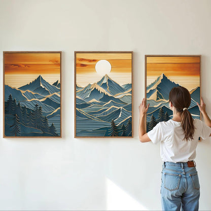 Tinonedraw Metal Mountain Framed Canvas Wall Art, Boho Mountains Artworks, Mid Century Modern Blue