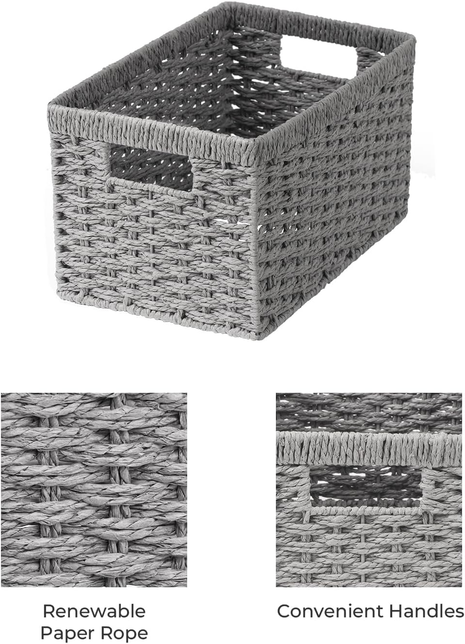 StorageWorks Round Paper Rope Storage Baskets, Rectangular Wicker Baskets with Built-in Handles