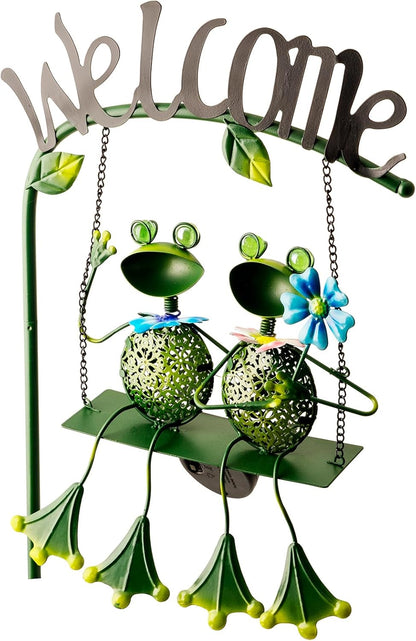 Frog Solar Light Garden Outdoor Decoration Swing Metal Stake Lamp with Welcome Sign Waterproof