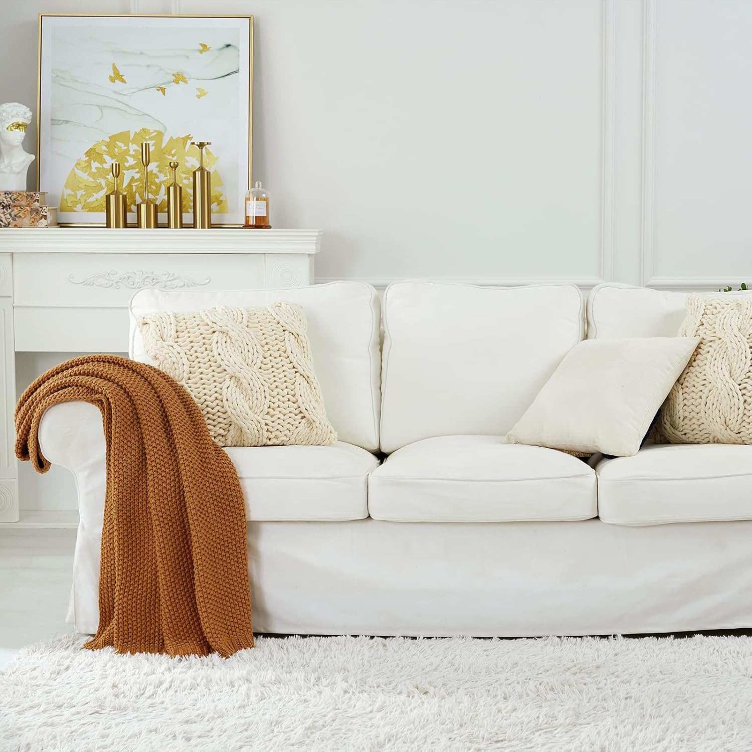 Chunky Cable Knit Throw Blanket Lightweight Burnt Orange 100% Organic Cotton Blanket for Sofa Couch
