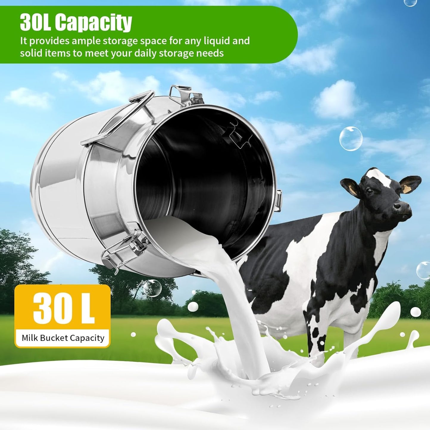Stainless Steel Milk Can, 30L/7.9 Gallon Heavy Duty Airtight Storage Canister Milk Bucket with Lid