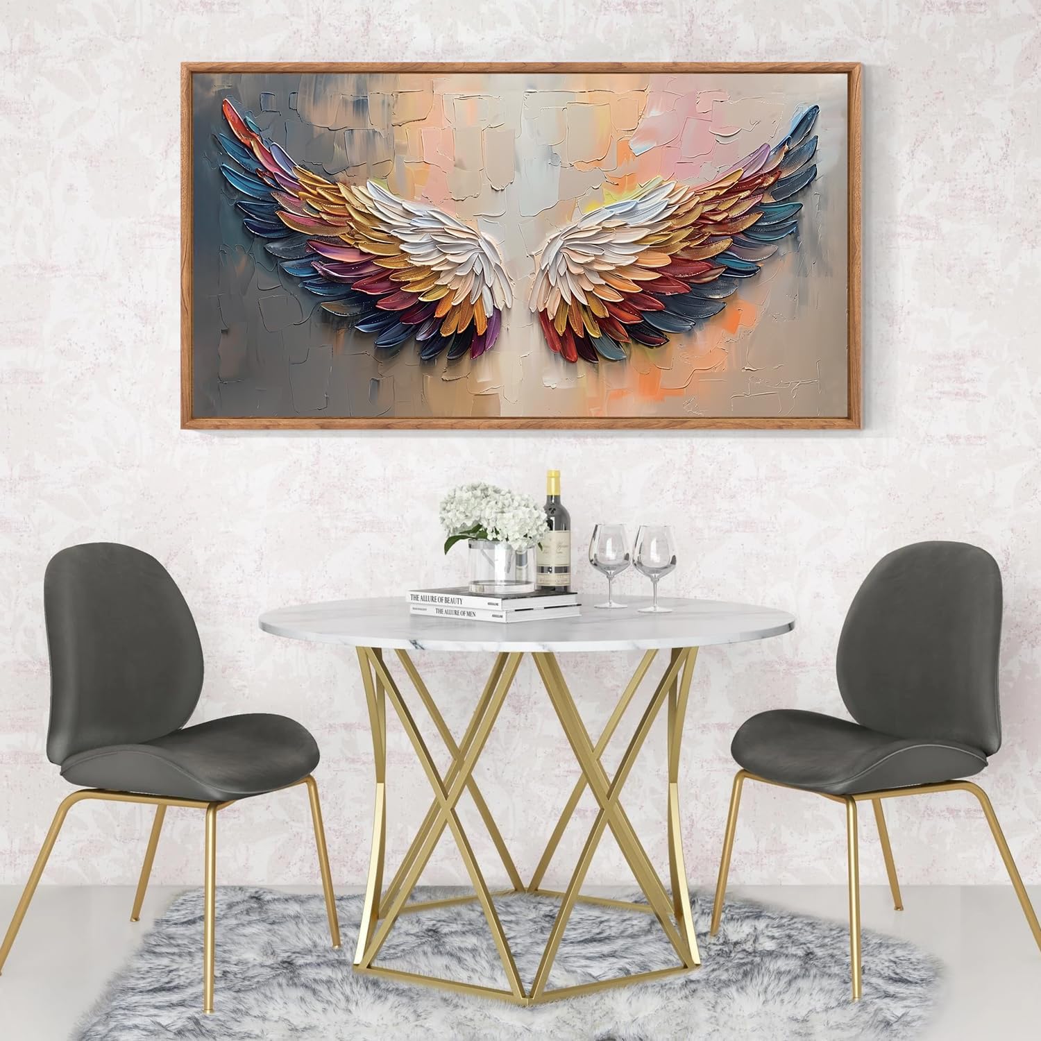 Aurlan Angel Wings Hand Painted Framed Wall Decor(40"x20"), Large Abstract Colorful Feather 3D