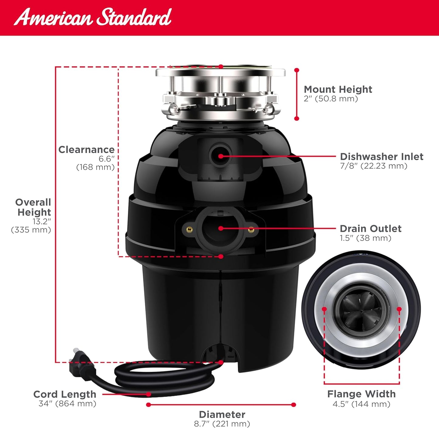 American Standard 10-US-AS-5-HD Garbage Disposal Anti-Jam Stainless Steel Food Waste Grinding